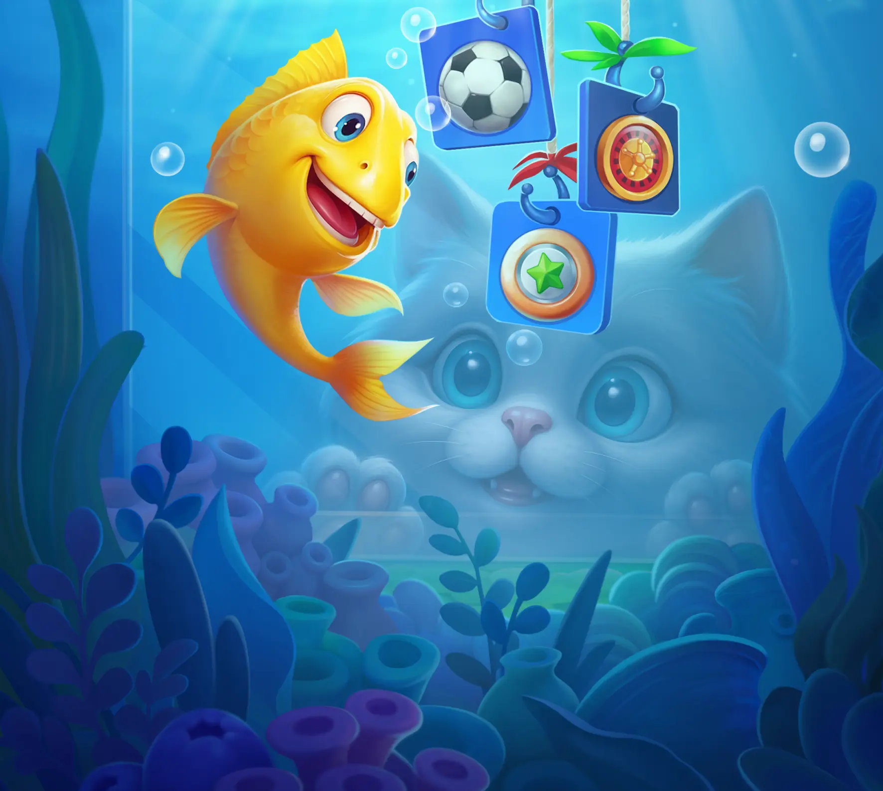 Χρυσό ψάρι χαμογελά κάτω από τη θάλασσα, περιτριγυρισμένο από σύμβολα παιχνιδιών όπως ποδόσφαιρο, ρουλέτα και αστέρι, ενώ μια γάτα παρακολουθεί με περιέργεια μέσα από το ενυδρείο.